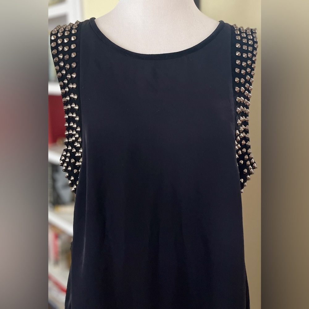 vintage Haute Hippie Dress Black Shift Mini Sleeveless Silver Spike Trim L 2000s - Picture 6 of 11
